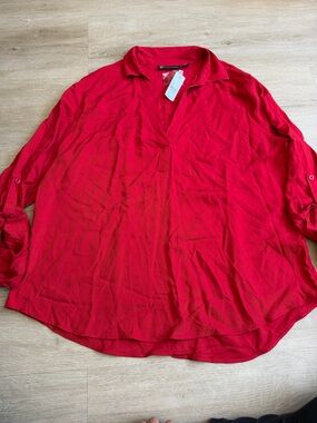 New York & Company Red Tunic Blouse V-Neck Top Back Buttons SZ XXL NWT